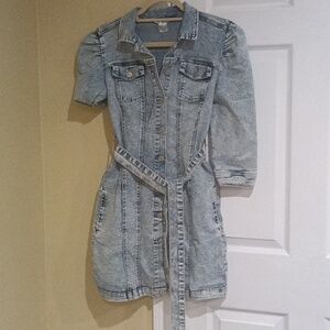 VENUS Blue Sheath Dress with Puff Sleeves and Notched Collar